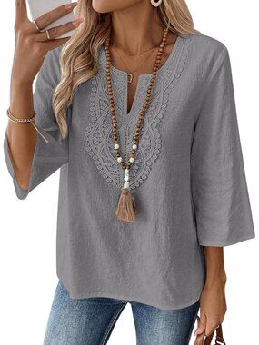 Women's All Gray V Neck Pull On Loose Fit Blouses Sleeve Top Cotton Linen Shirt
